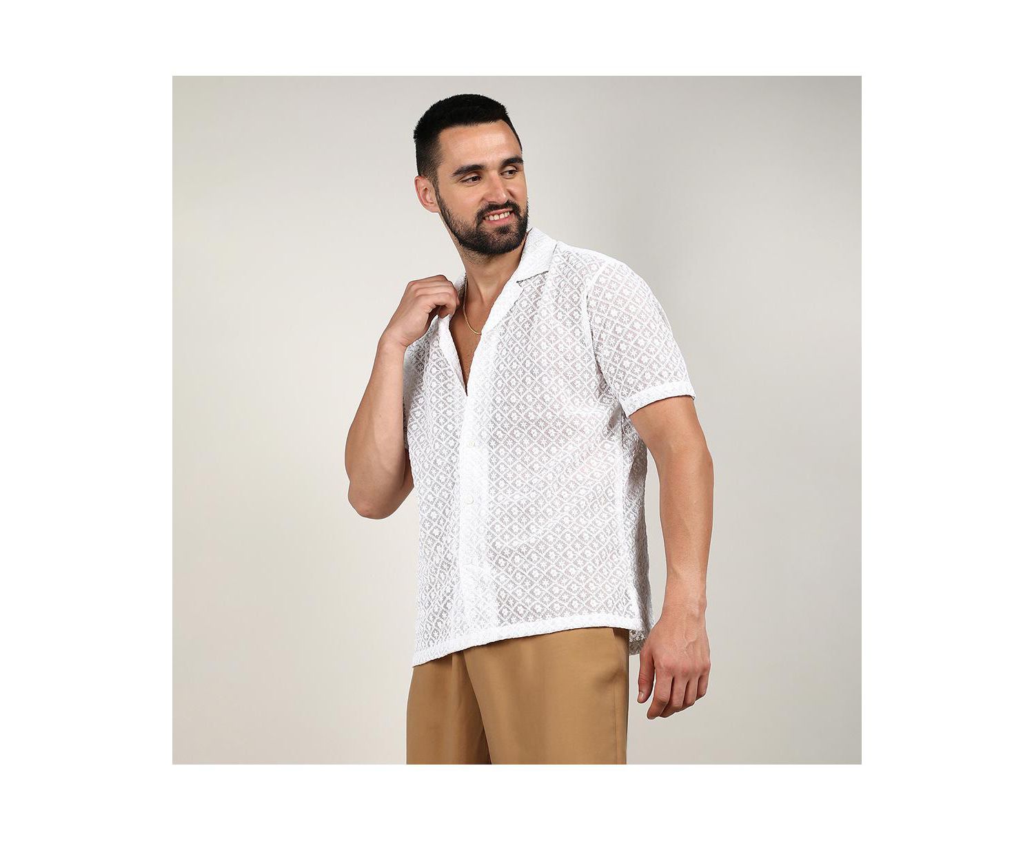 Men's Chalk White Floral Embroidered Shirt