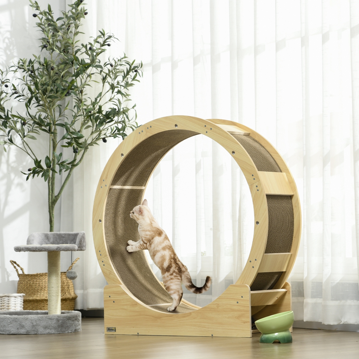 PawHut Cat Wheel for Indoor Cats with Brake for Health and Fitness,- Oak