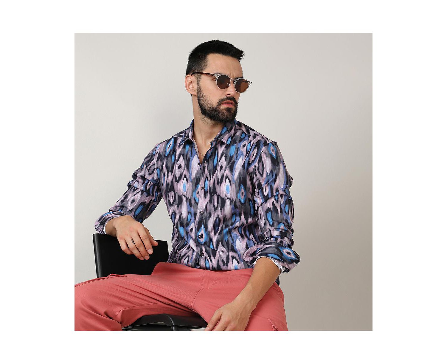 Men's Sky Blue & Moon Grey Ikkat Shirt