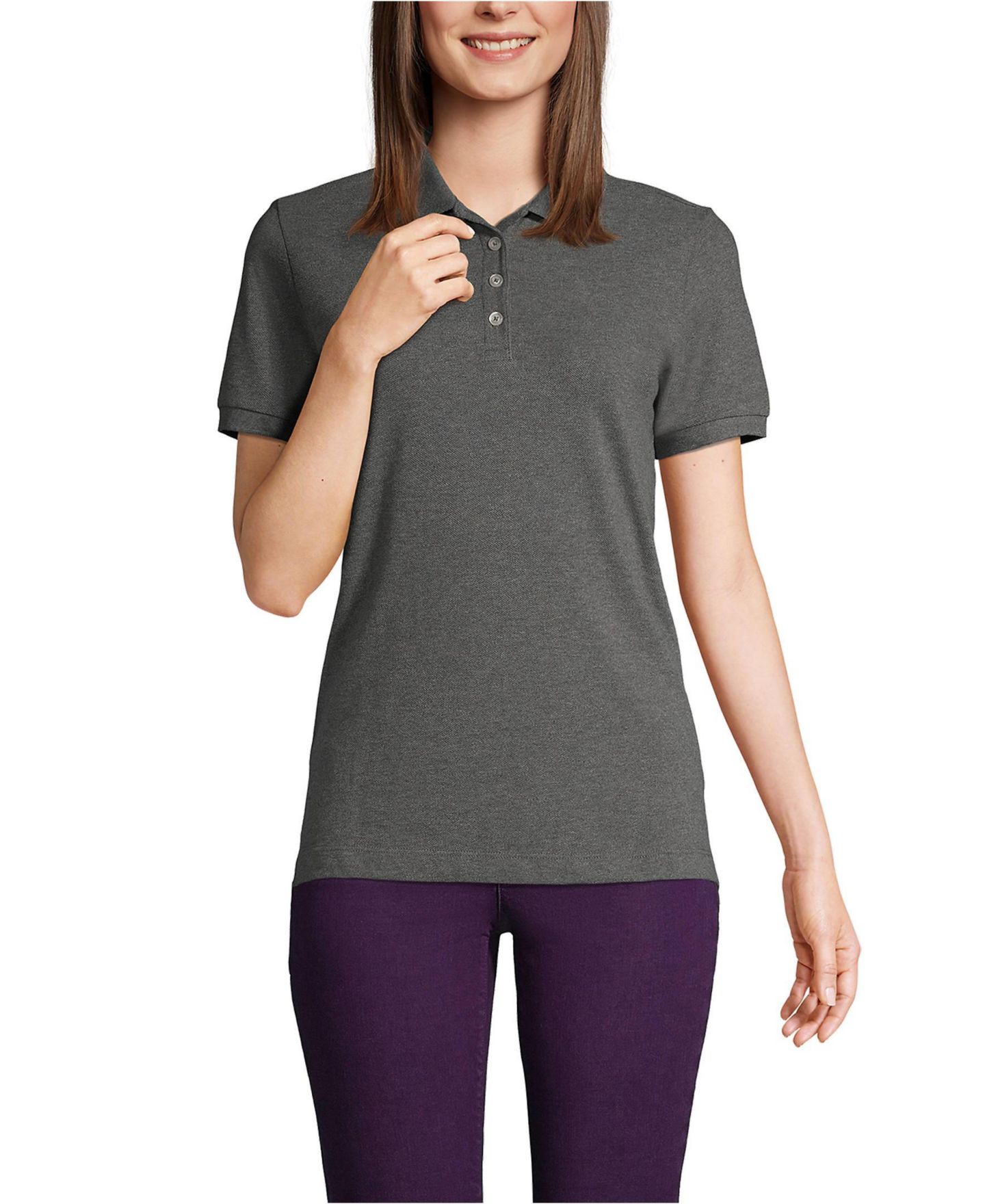 Женское поло Lands' End Banded Short Sleeve Fem Fit Mesh Polo, цвет: Угольный меланжевый — фото 1