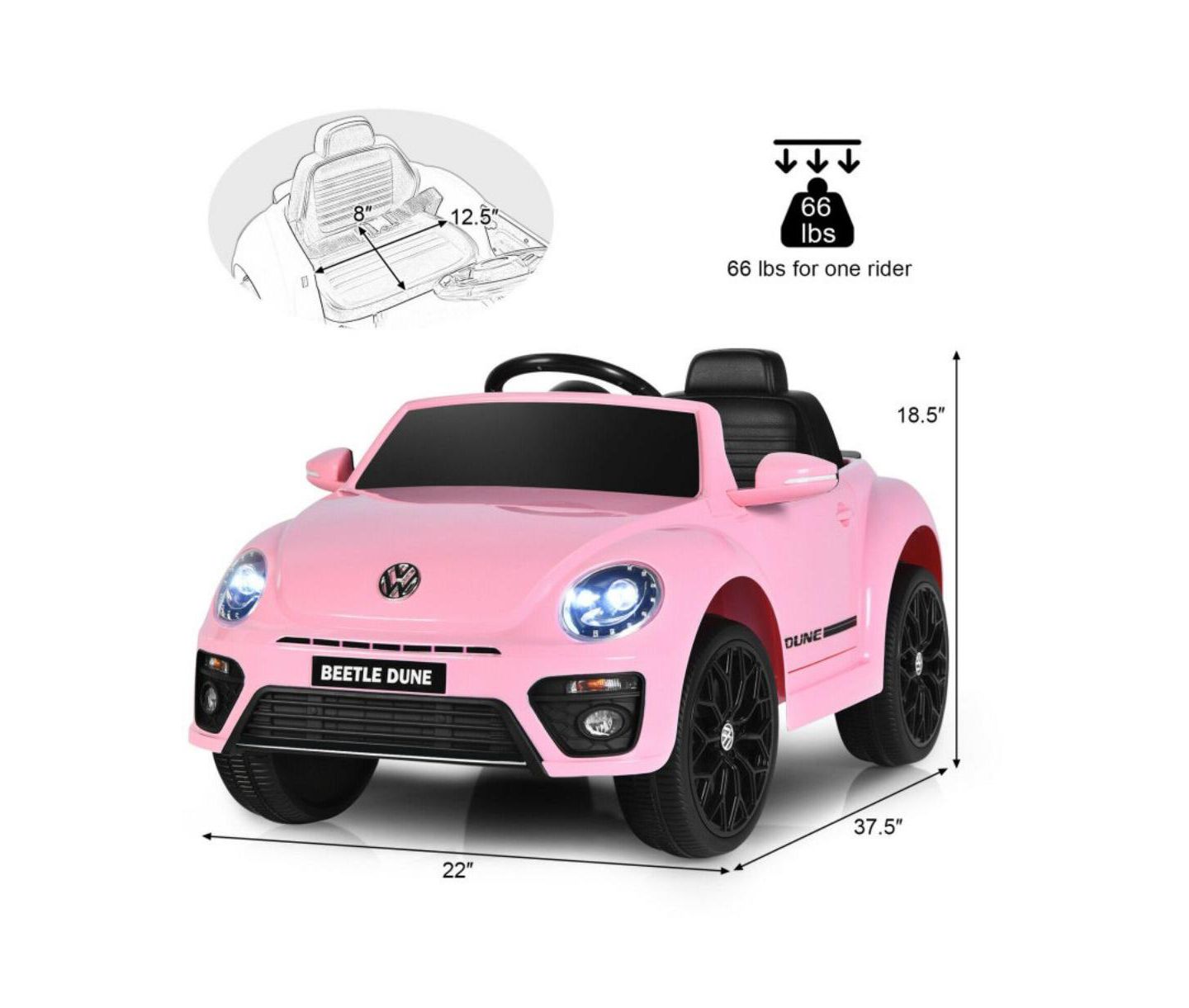 Детская игрушка VEBREDA Volkswagen Beetle Electric Remote Control Kids' Ride-On Car, 66 lb. Capacity, Ages 3+, цвет: Розовый — фото 7