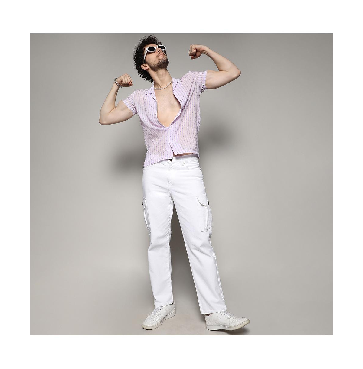 Campus Sutra Men's& Lavender Balanced Striped Shirt - White