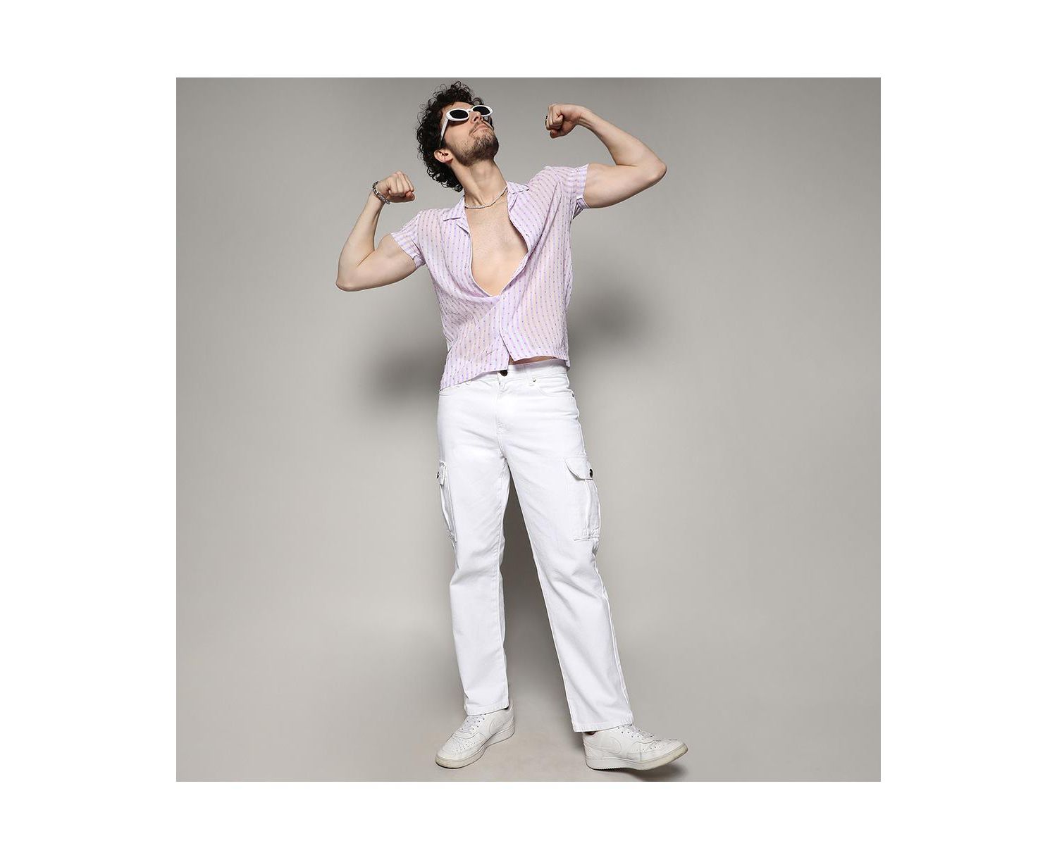 Men's White & Lavender Balanced Striped Shirt
