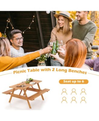 6 Person Picnic Table Set Patio Rectangle with 2 Built-in Benches and Umbrella Hole