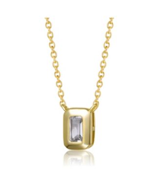 Sterling Silver 14k Gold Plated Rectangular Green Cut Cubic Zirconia Bezel Solitaire Necklace