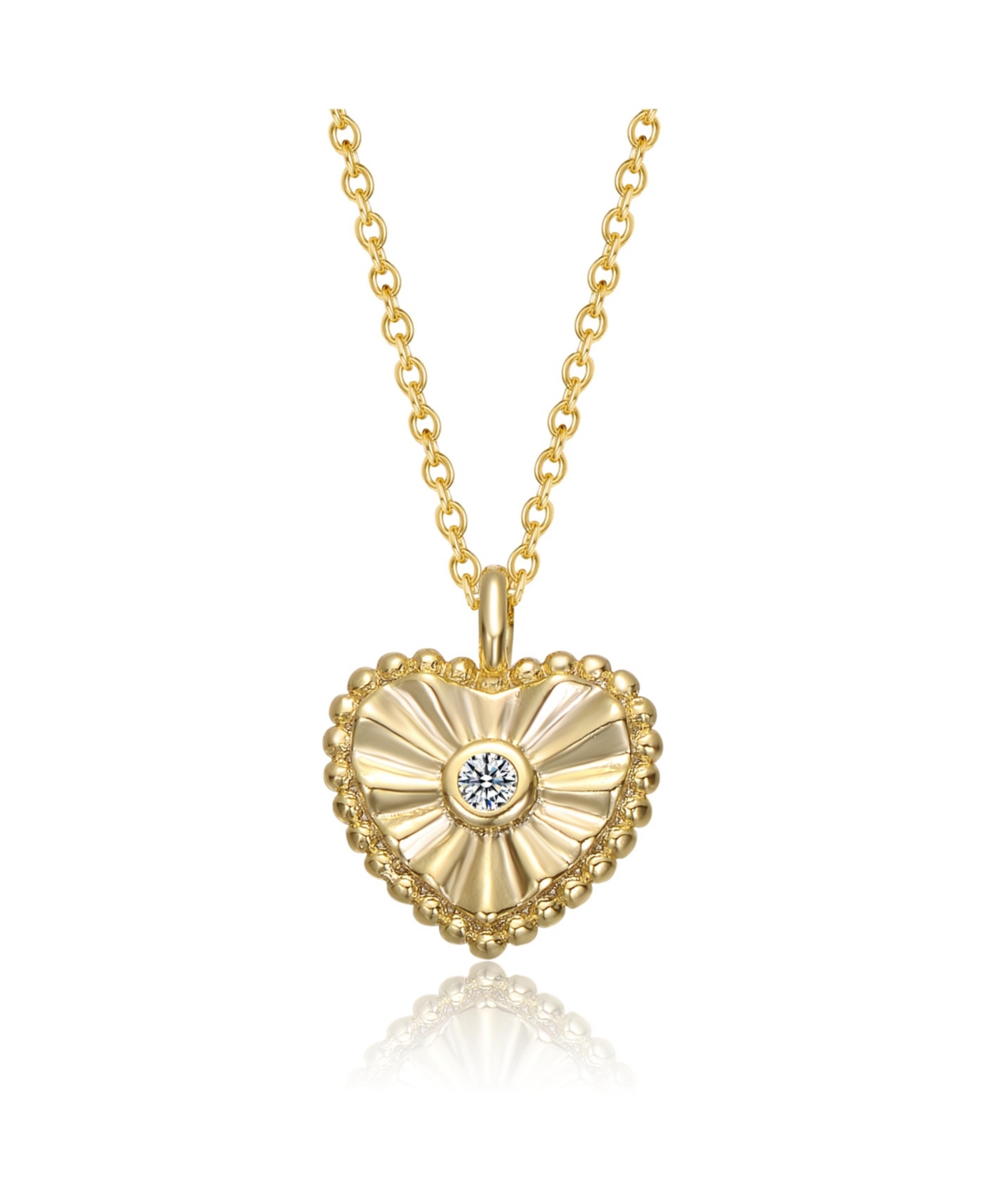 Sterling Silver 14k Gold Plated Cubic Zirconia Textured Heart Pendant Necklace - Gold