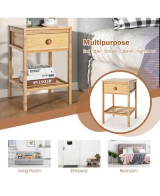 Set of 2 Bamboo End Tables with Drawer and Open Shelf