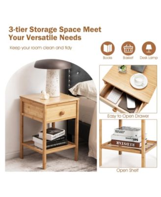 Set of 2 Bamboo End Tables with Drawer and Open Shelf