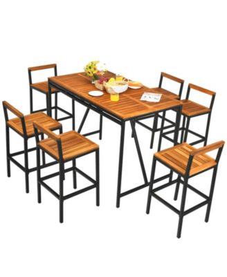 7 Pieces Acacia Wood Patio Rattan Bar Set with Umbrella Hole