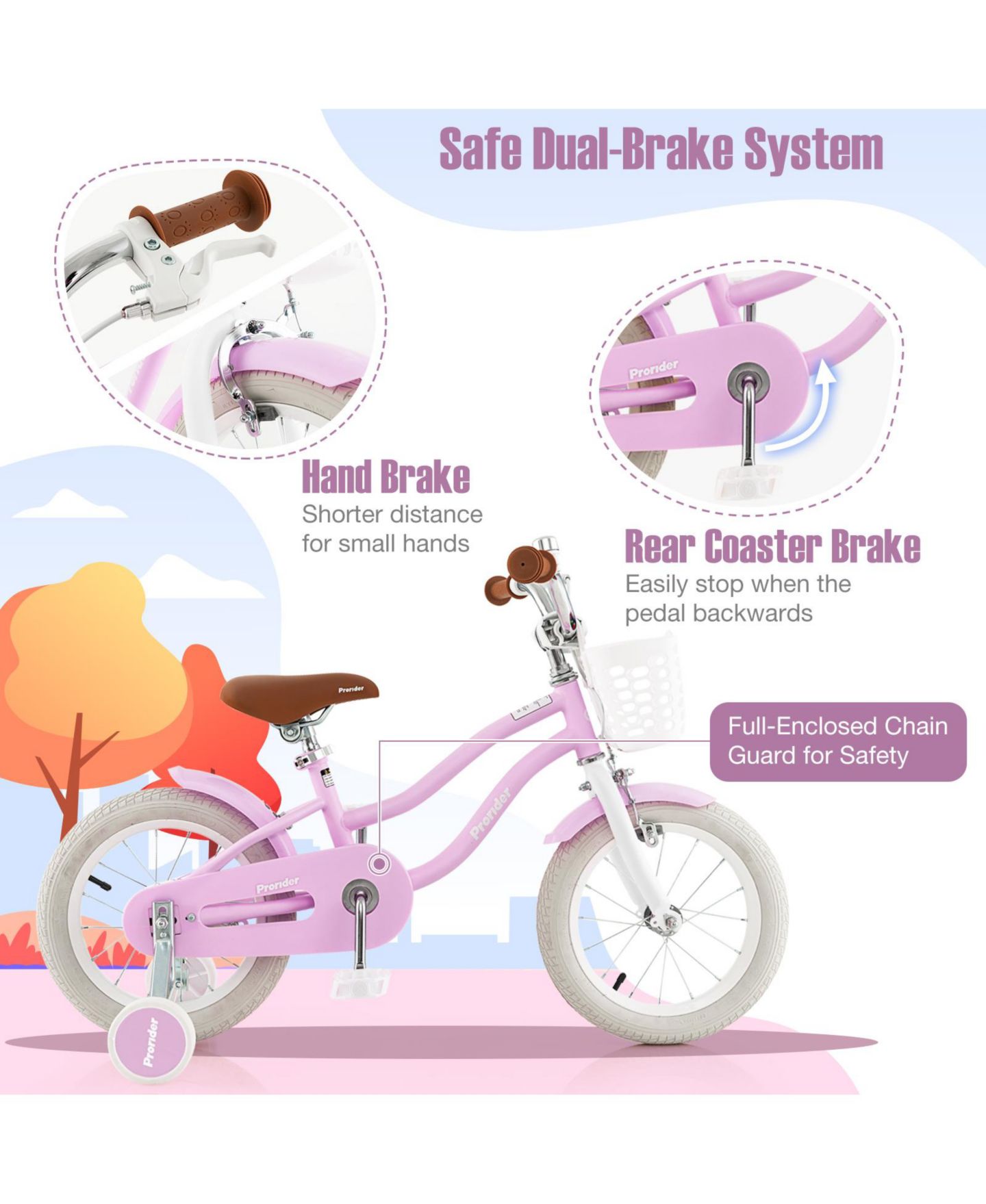 Детская игрушка VEBREDA 18 Inch Kids Bike with Dual Brake System & Training Wheels, Ages 3-8, цвет: Фиолетовый — фото 4