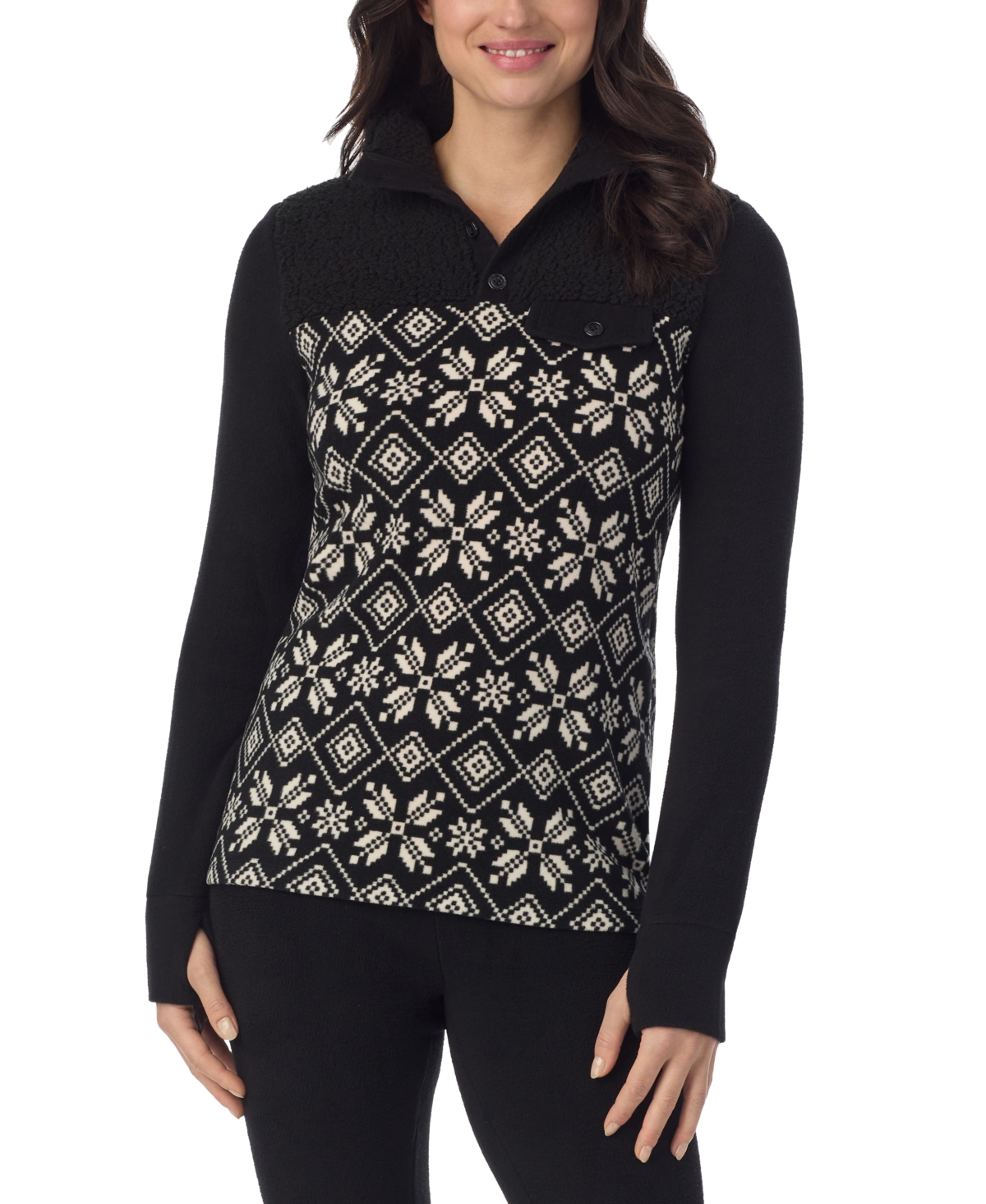 Fleecewear Long-Sleeve Collared Top - Black Print