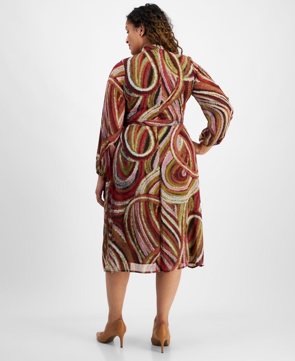 Tahari Plus Size Chiffon Long-Sleeve Midi Fit & Flare Dress