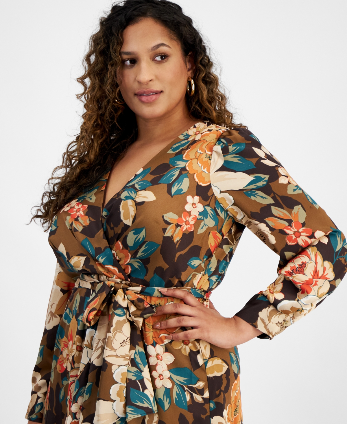 Tahari Plus Size V-Neck Long-Sleeve Faux-Wrap Midi Dress