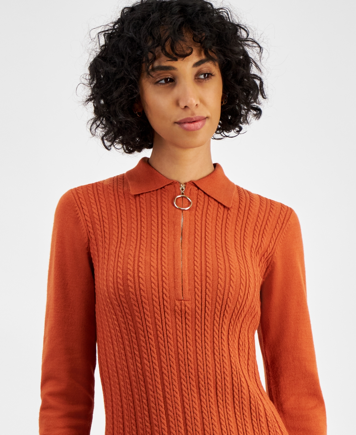 Robbie Bee Petite Cable-knit Half-zip Sweater Dress In Spice