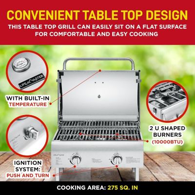 Bakken- Swiss Portable Stainless Steel Gas Grill - 2 Burners Easy Clean Tabletop BBQ Propane Gas Grill with Foldable Legs and Wind Proof Lid for Camping and Outdoor - Silver