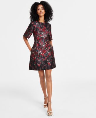 Vince Camuto Women's Floral Jacquard Short-Sleeve Dress - Macy's
