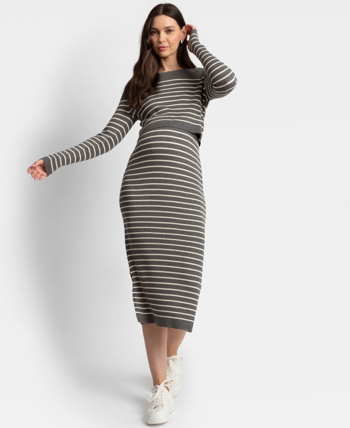 Shop Seraphine Women's Maternity Soft-stretch Ribbed Sweater Midi Dress In Gray White