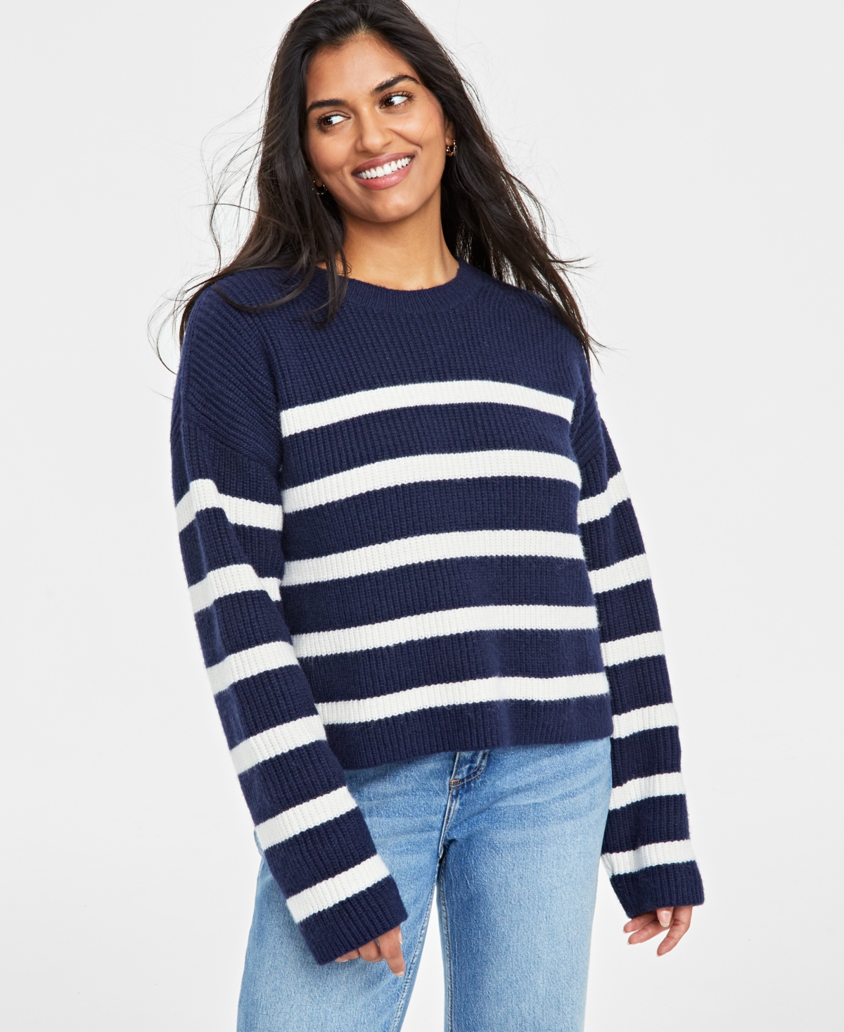 Shop On 34th Women's Chunky-knit Crewneck Sweater, Created For Macy's In Blue Combo