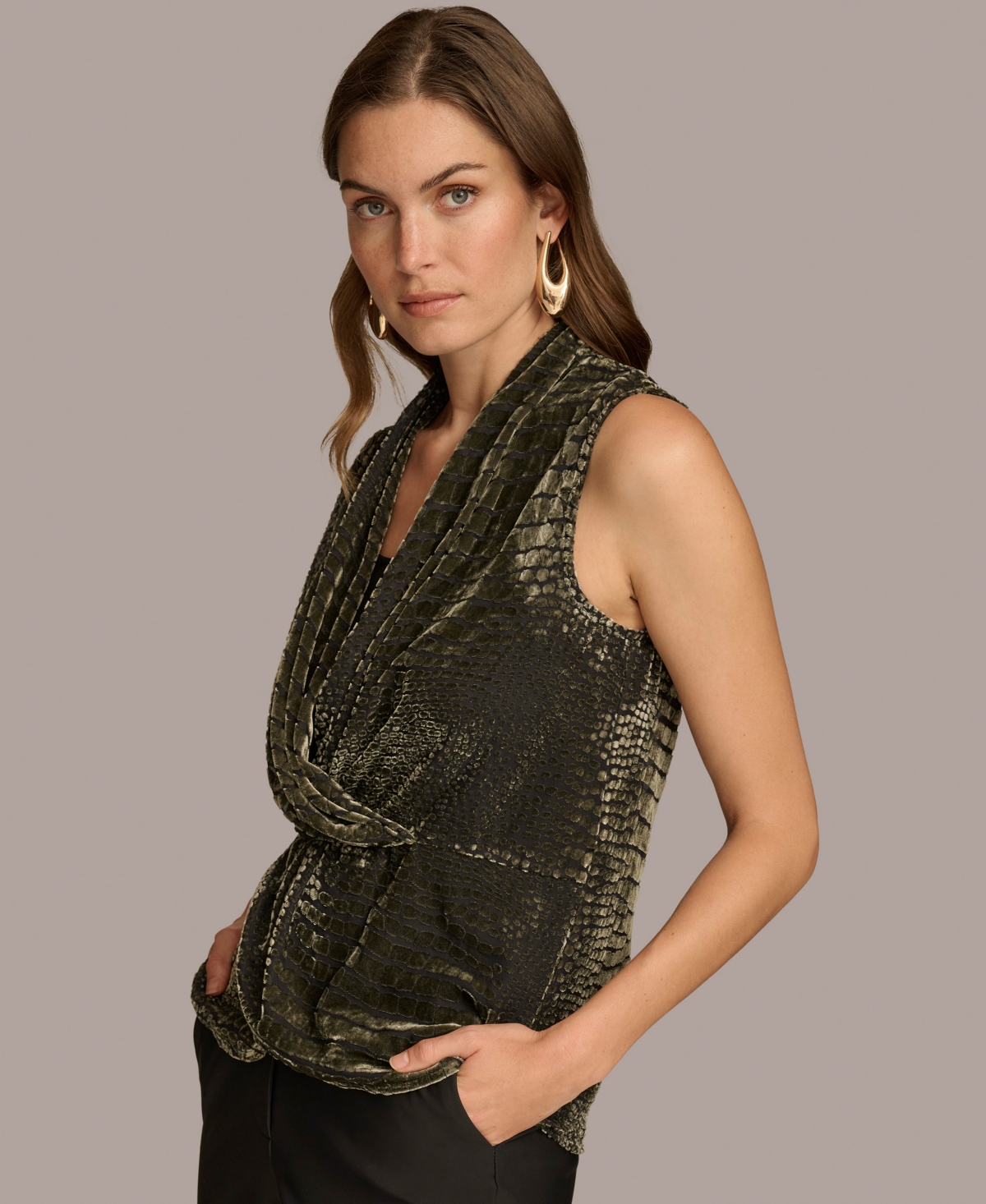 Donna Karan New York Women's Crocodile Burnout Velvet Faux-Wrap Top -Beech
