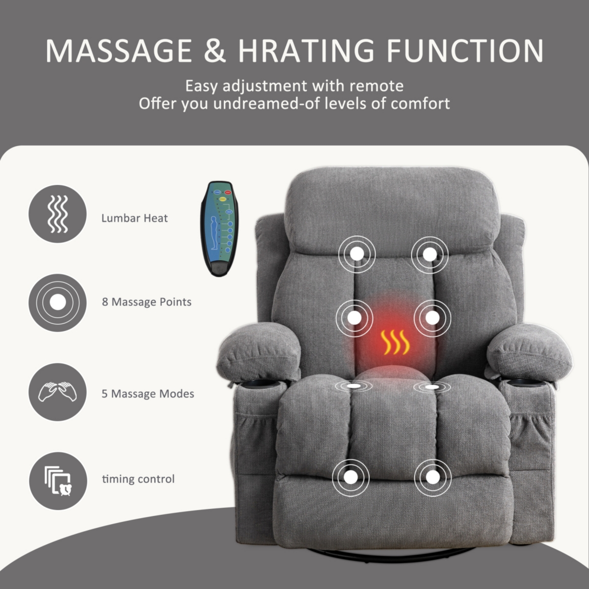 Streamdale Furniture Massage Function Sofa with 360° Swing, Heating, Usb, and Cup Holders