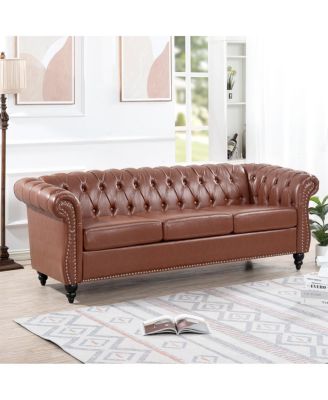 84.65" Brown PU Rolled Arm Chesterfield Three Seater Sofa