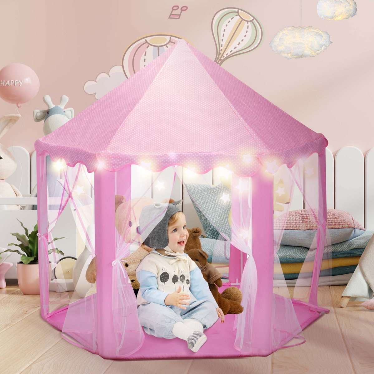 Streamdale Furniture Luminous Princess Castle Tent for Kidsand White Haven with Led Star Lights - Pink