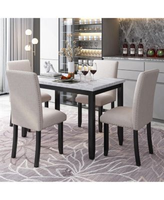 Marble 5-Piece Dining Set Table with 4 Thicken Cushion Dining Chairs