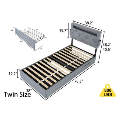 Twin Bed Frame with USB Charging, LED Lights, Headboard, & Storage Drawers