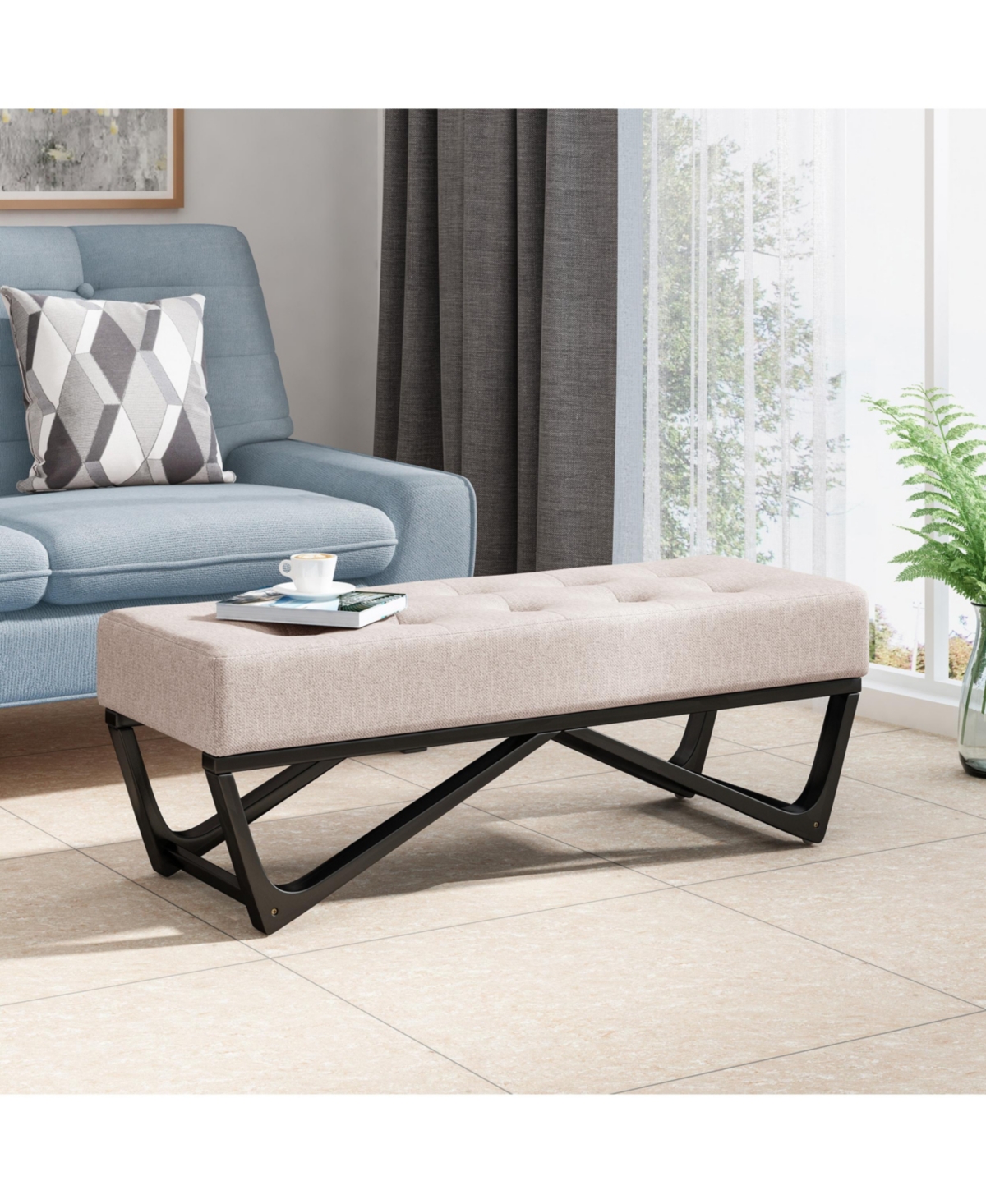 Simplie Fun Modern Tufted Upholstered Bench with Black Geometric Legs