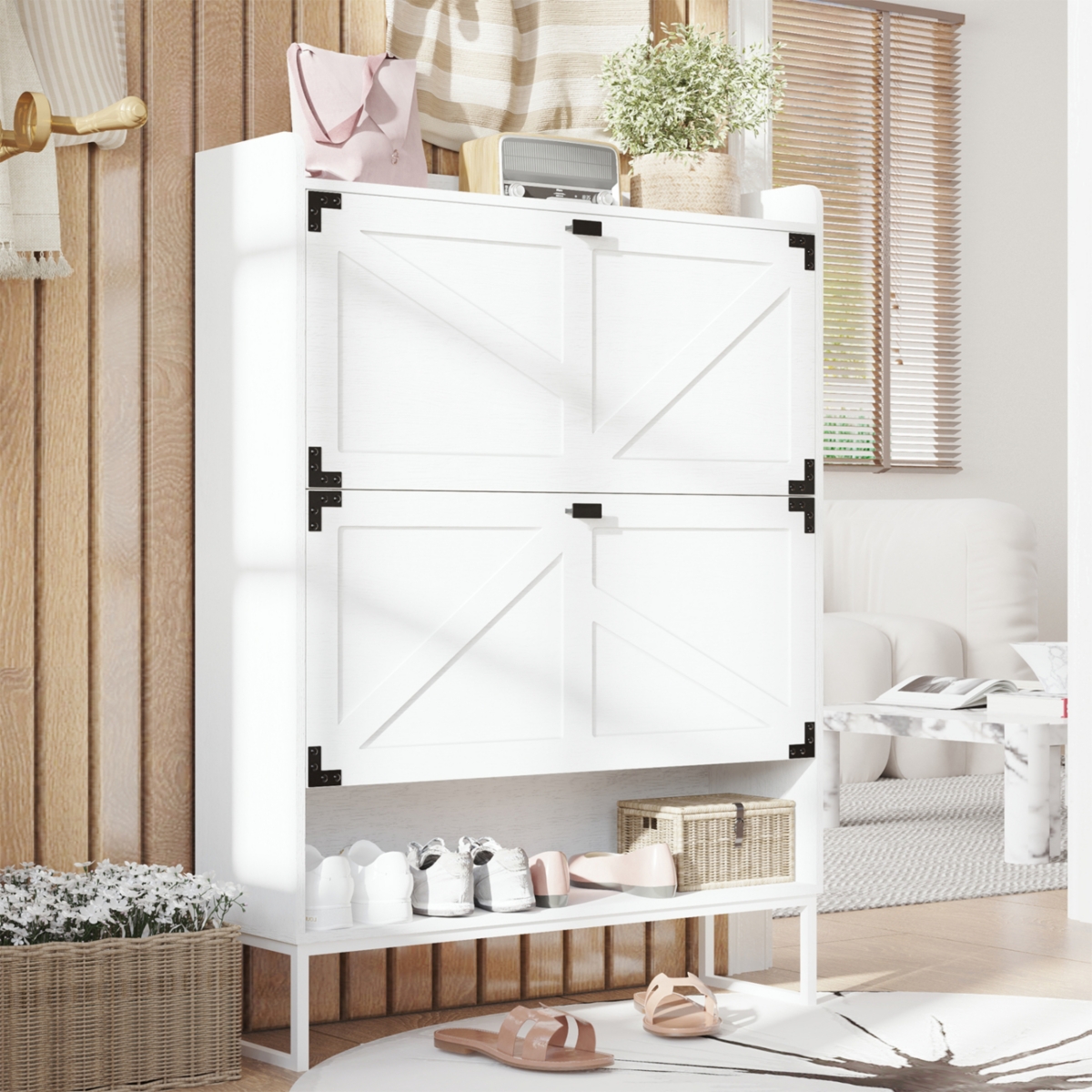 Simplie Fun Farmhouse Shoe Cabinet with Flip Drawers and Metal Legs