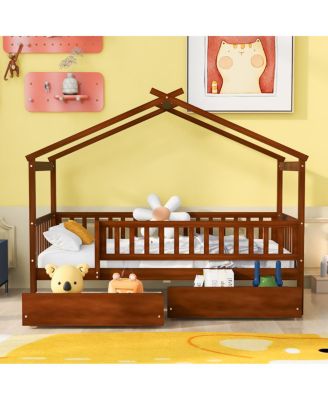 Twin Size Wooden House Bed With Two Drawers, Walnut