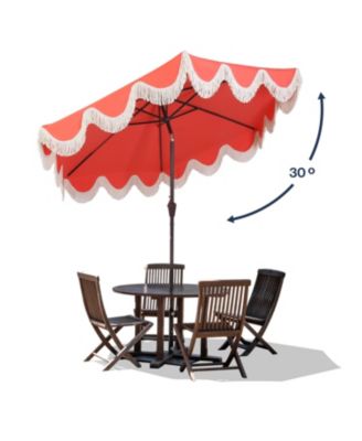 9ft Tassel Market Patio Umbrella Auto-Tilt, Crank, Wind Vent UV Protection