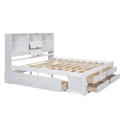Streamdale King Size Platform Bed with Storage Headboard and 8 Drawers, White