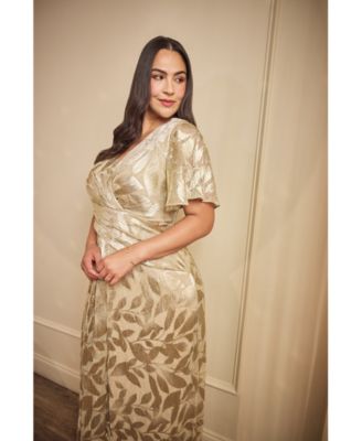 Plus Size Foil Leaf Flutter-Sleeve Draped Gown
