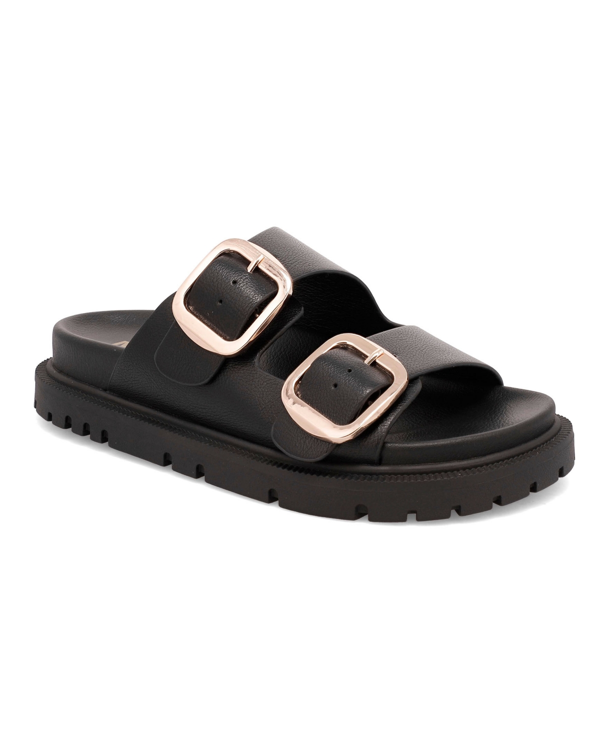 Women's Gen Double Buckle Flat Slide Sandals - Black/Gold