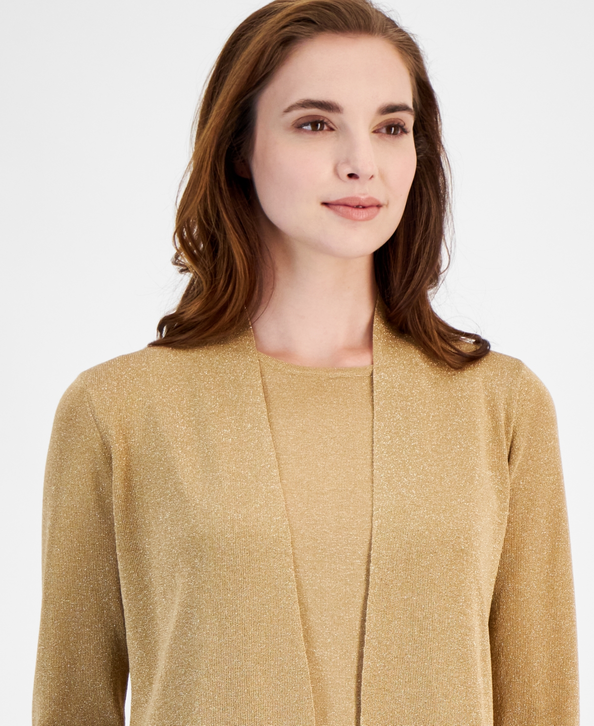 Anne Klein Women's Monterey Open-Front Long-Sleeve Shimmer Cardigan