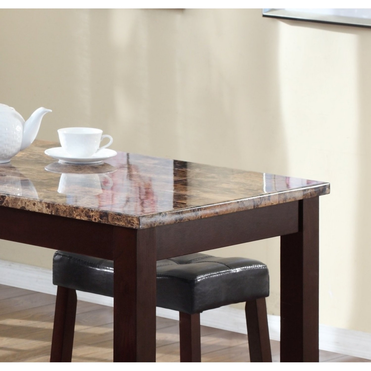 Streamdale Furniture 3-Piece Counter Height Glossy Print Marble Breakfast Table with Stools,- Espresso