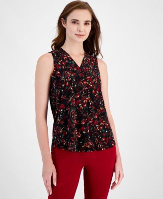 Anne Klein - Women's Printed V-Neck Pleat-Front Blouse