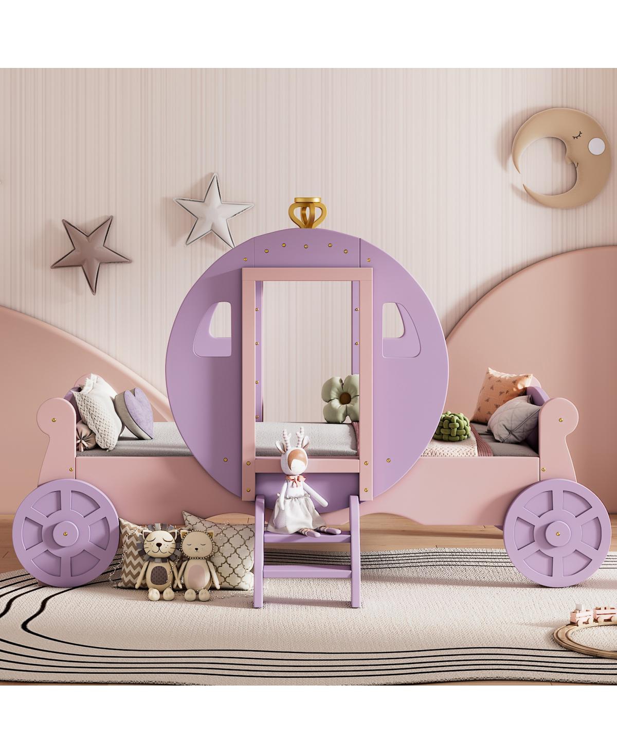 Simplie Fun Twin Size Princess Carriage Bed With Crown, Wood Platform Car Bed With Stair