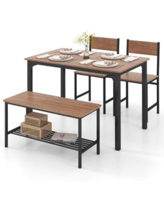 4 Pieces Rustic Dining Table Set with 2 Chairs and Bench