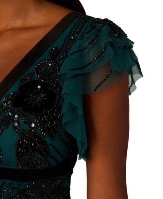 how to add beads to wedding dress Beaded Midi Dress With Sheer Ruffled Sleeves In Frosted Sage