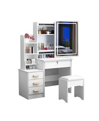 Streamdale White Vanity Desk Set with Mirror, Lights and Chair