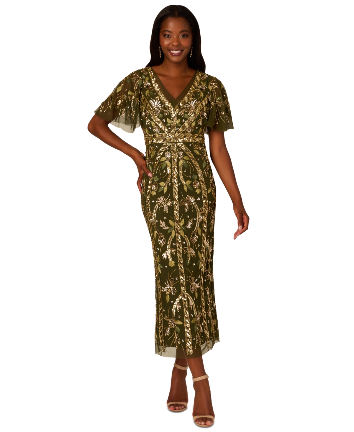 ADRIANNA PAPELL WOMEN'S V-NECK EMBELLISHED FLUTTER-SLEEVE DRESS