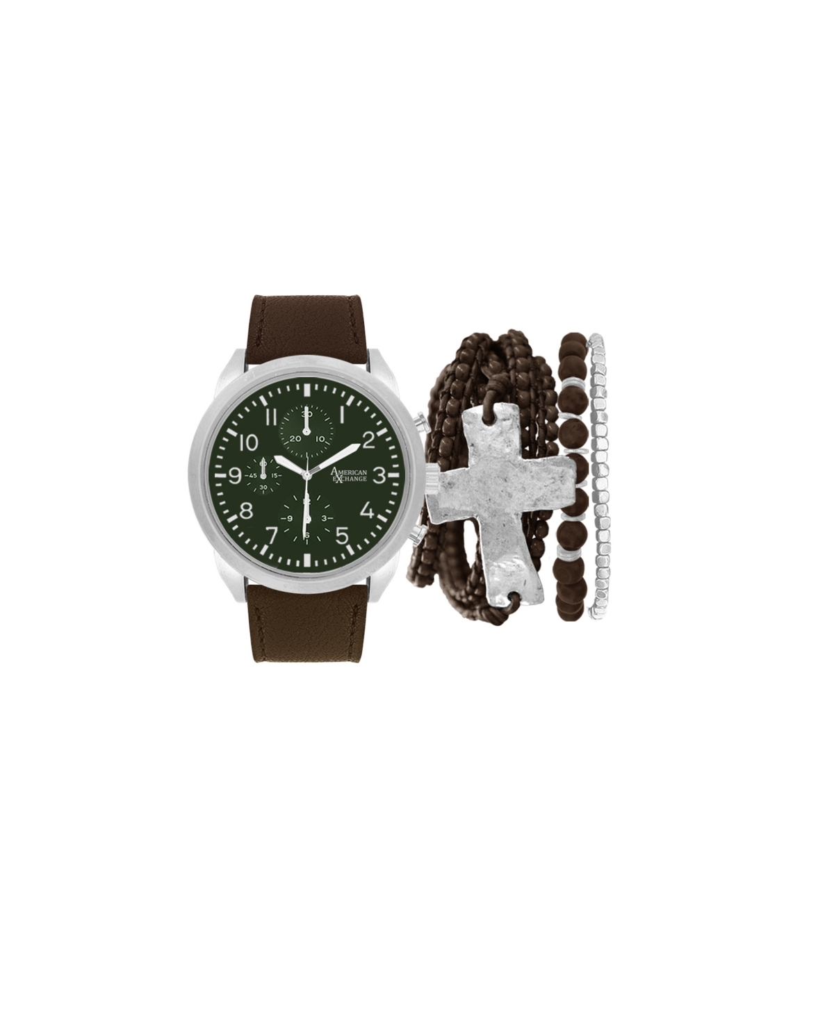 Men's Brown Leather Strap Analog Watch 51mm with Stackable Bracelets Gift Set - Brown