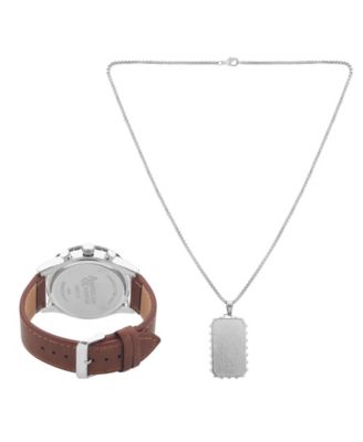 Men's Black Polyurethane Leather Strap Analog Watch 48mm with Pendant Necklace Gift Set