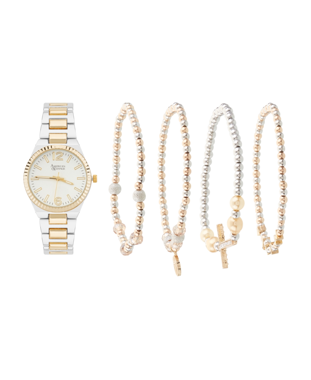 Women's Shiny Two-Tone Metal Alloy Analog Watch 33mm with Stackable Bracelets Gift Set - Shiny Gold/Shiny Silver