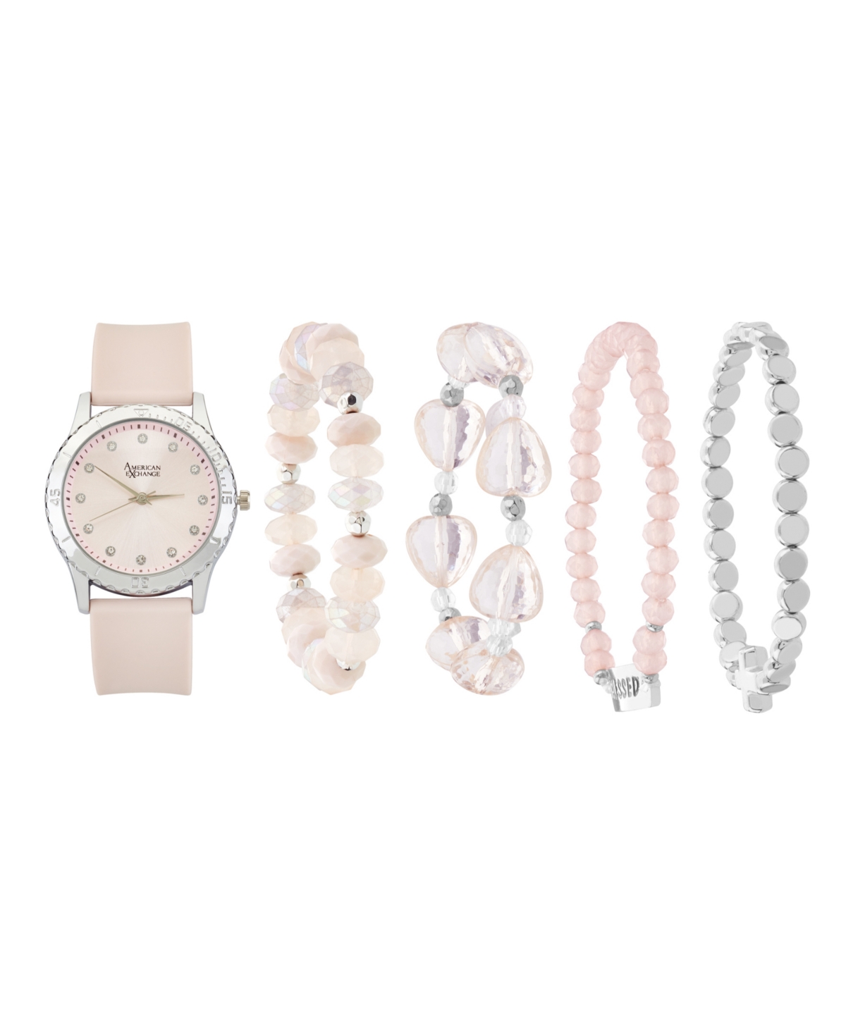Women's Matte Light Pink Silicone Strap Analog Watch 38mm with Stackable Bracelets Gift Set - Light Pink