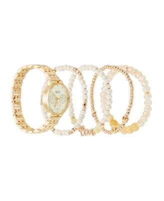 Women's Shiny Gold Metal Alloy Band Analog Watch 31mm with Stackable Bracelets Gift Set