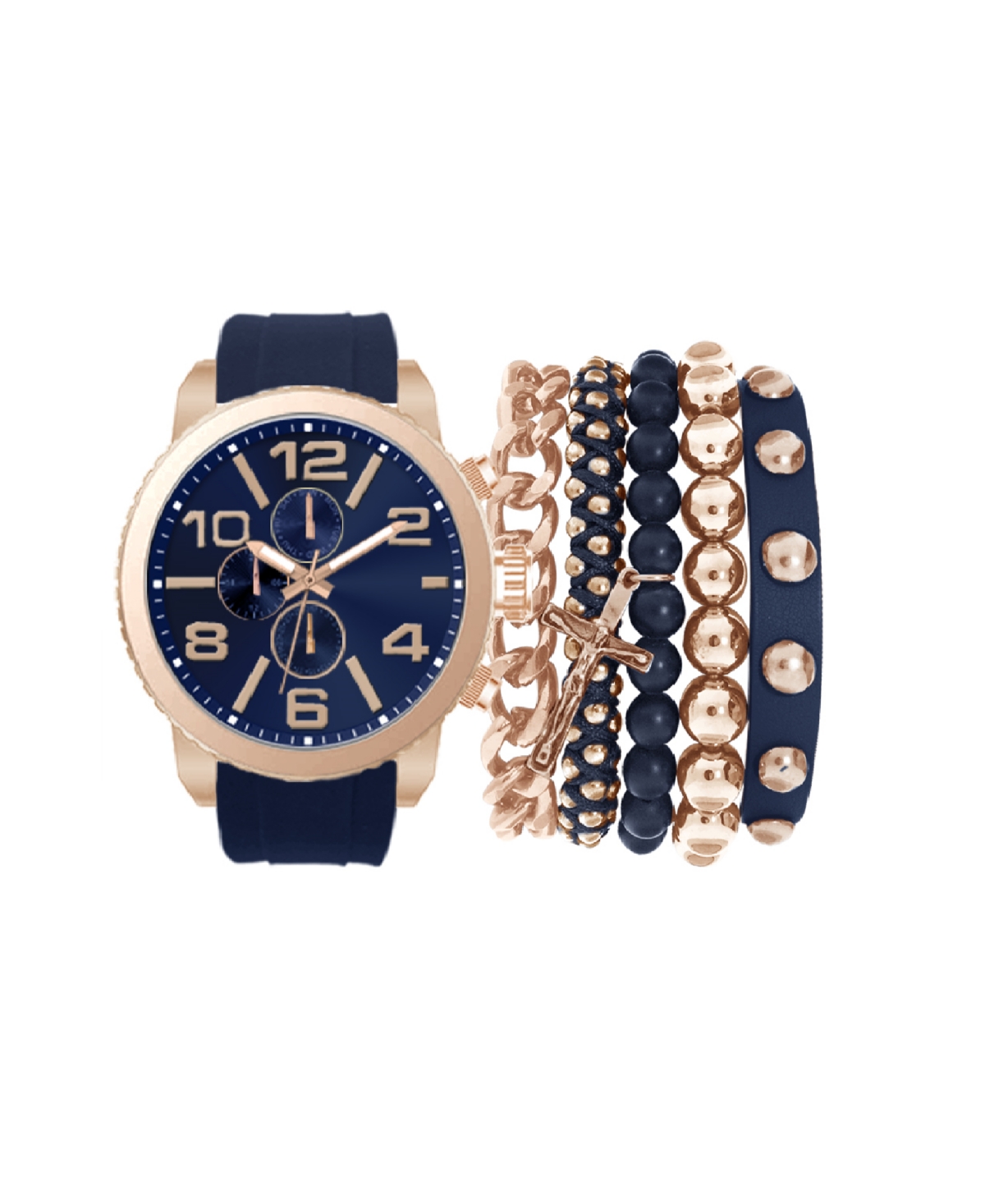 AMERICAN EXCHANGE MEN'S NAVY RUBBER STRAP ANALOG WATCH SET 51MM WITH STACKABLE BRACELETS GIFT SET 