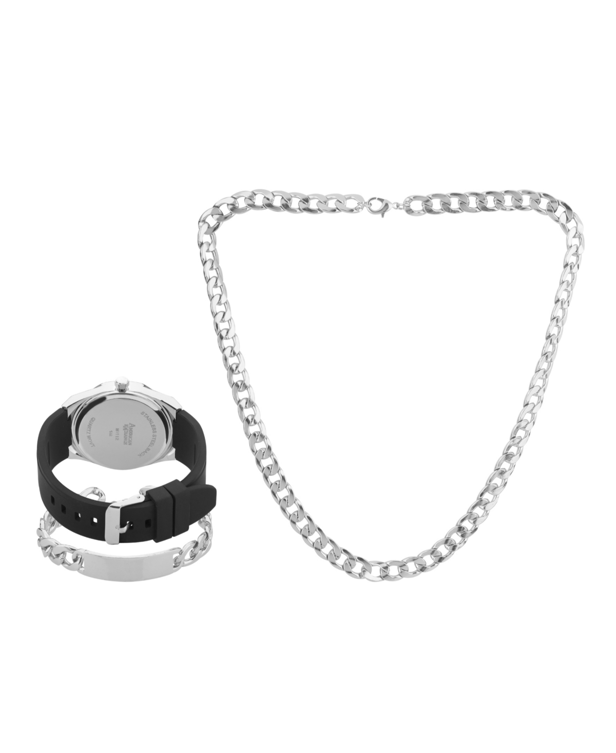 AMERICAN EXCHANGE MEN'S MATTE BLACK SILICONE STRAP ANALOG WATCH 42MM WITH NECKLACE AND BRACELET GIFT SET 